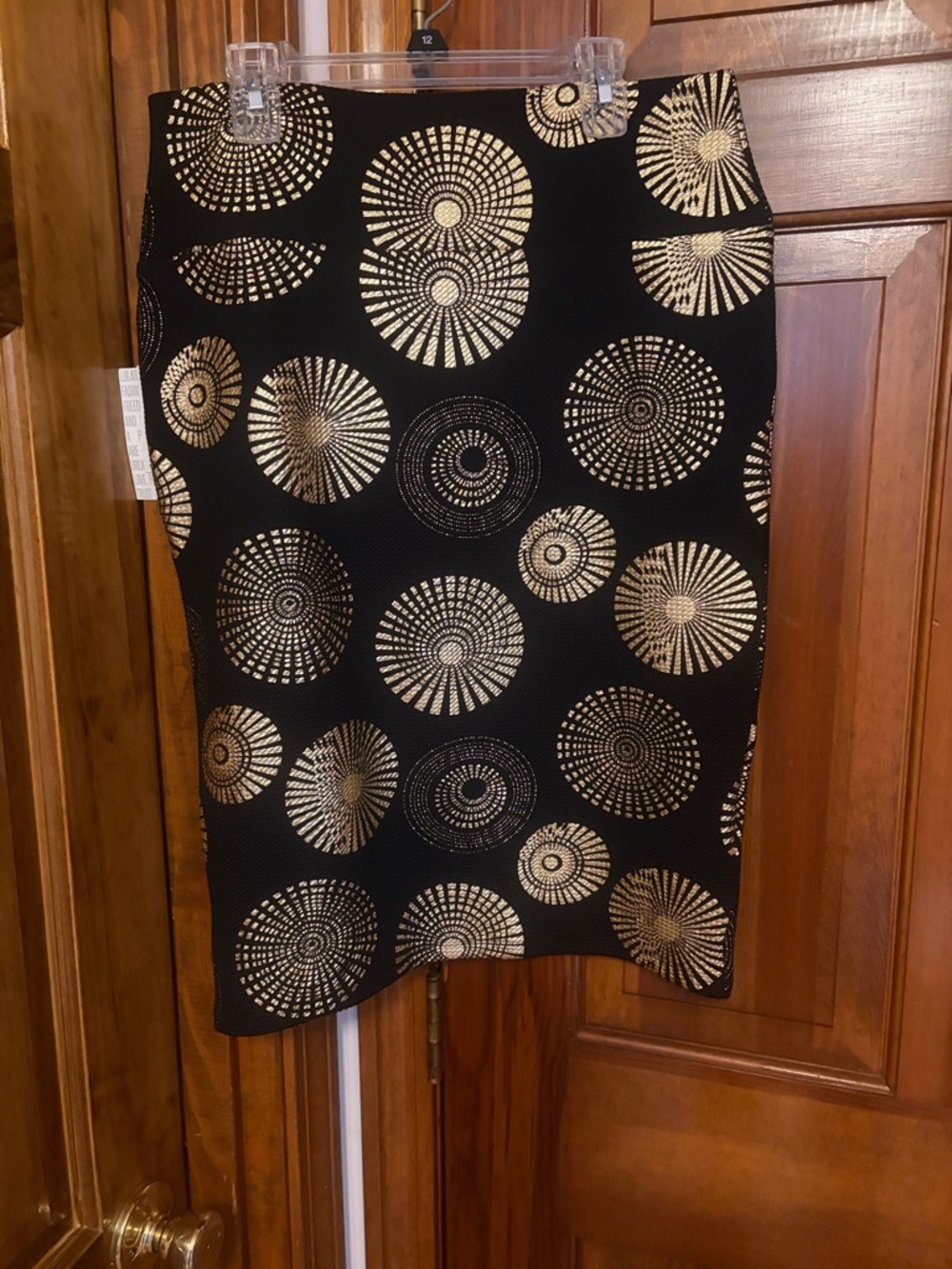 LuLaRoe Black Pencil Skirt with Gold Circular Metallic Print